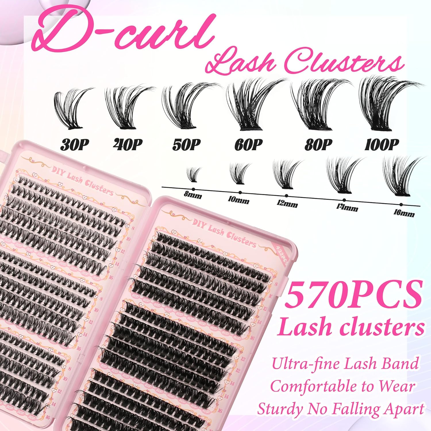 DIY Lash Clusters Kit,Lash Clusters Wispy Lash Clusters Kit 570Pcs Lash Extension Kit Volume,8-16mm DIY Individual Lashes Clusters Thin Band Eyelash Extension Kit with Electric Eyelash Curlers,Heated Eyelash Curler,Lash Glue,Lash Tweezers,Glue,Remover