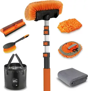 12FT Car Wash Brush with Long Handle, Car Cleaning Kit with Soft Bristle Wash Brush, Microfiber Cleaning Mop, Window Squeegee, Mitt, Wheel Brush, Bucket, Drying Towel for RV, Truck, Boat
