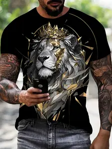 Men's 3D Lion Crown Graphic Fitted T-Shirt, Elastic Breathable Polyester Fabric, Digital Print Classic Casual Streetwear, Round Neck Short Sleeve