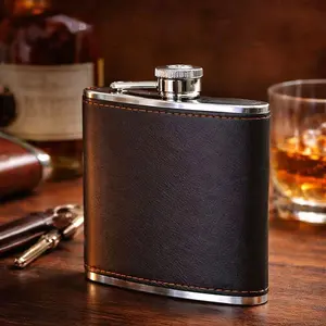 Fashion Minimalist Design Men's Hip Flasks for Liquor, Leakproof Leather Wrapped Flasks Liquor, 6 Oz Bourbon Whiskey Flask, 18/8 Stainless Steel Flasks for Liquor, Ideal Gift for Groomsman, Men, Dad & Travel