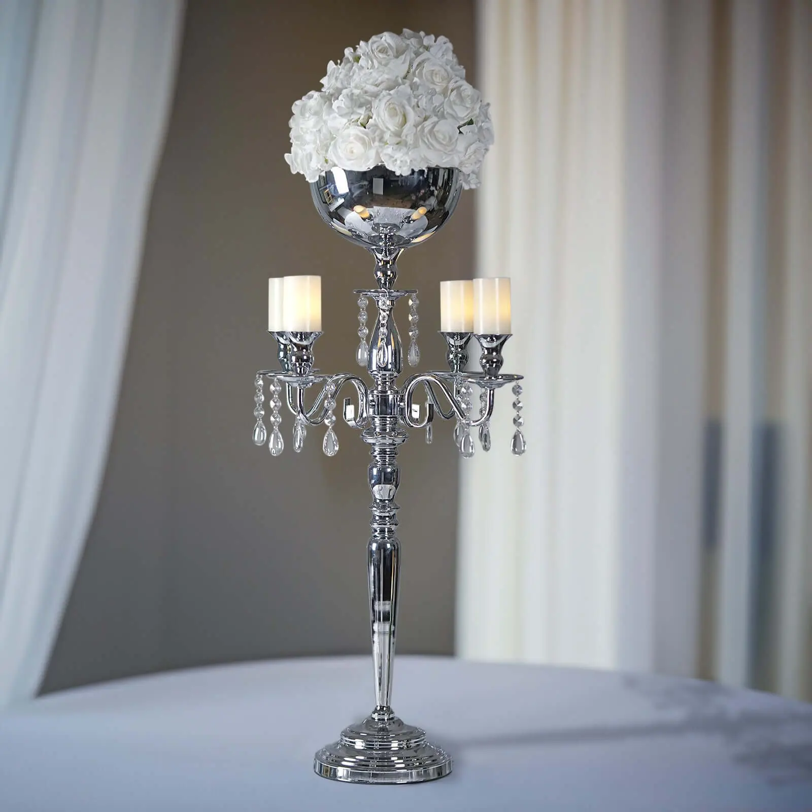 Decorative 33-in Silver Metal 4-Arm Candelabra with Flower Vase Bowl - Home Supplies Candle Holder, Wedding Decor Room Decor Table Centerpiece, Marriage