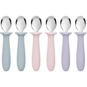 6 PCS Toddler Spoons Set - Baby Spoons with Silicone Handle Food Grade 18/8 Stainless Steel Toddler Utensils for Kids Self Feeding Safe Anti-Choke Design Dishwasher Safe Kids Silverware Set