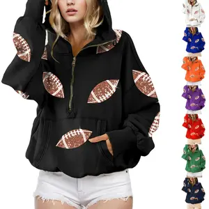 Women's Game Day Sequin Hoodie Football Pullover Casual Long Sleeve Zipper Sweater with Front Pocket Black Cotton Tops