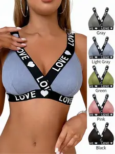 Women's Casual Sports Bras Set, Breathable Knitted Fabric, Comfort Design, Letter Pattern, Wireless No Padding, 5 Pieces, Sports Bralette Set