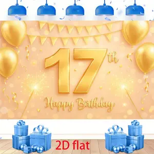 2D Flat Banner, 1pc Golden "17th, Happy Birthday" Banner Backdrop. Available in Multiple Sizes. Ideal for Birthday Parties, Party Cake Table Banners, Family Outdoor Party Backgrounds, Photography Background Wall Decorations 8×6FT/96×72INCH/244cm×183cm