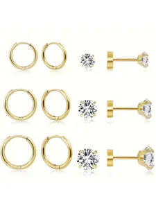 6 Pairs Plain Back Stud Earrings, Stainless Steel Zirconia, Sporty Rhinestone Design, All Seasons, Women's Ear Piercing Set, Studs Earrings