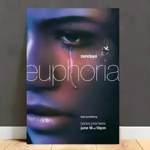 2D Flat, 2D Flat, Euphoria TV Show Canvas Artwork - (Framed Frameless Poster Optional)Aesthetic Wall Print, Striking Illustration Of A Crying Woman On A Teal Background, Ideal For Living Room Decoration