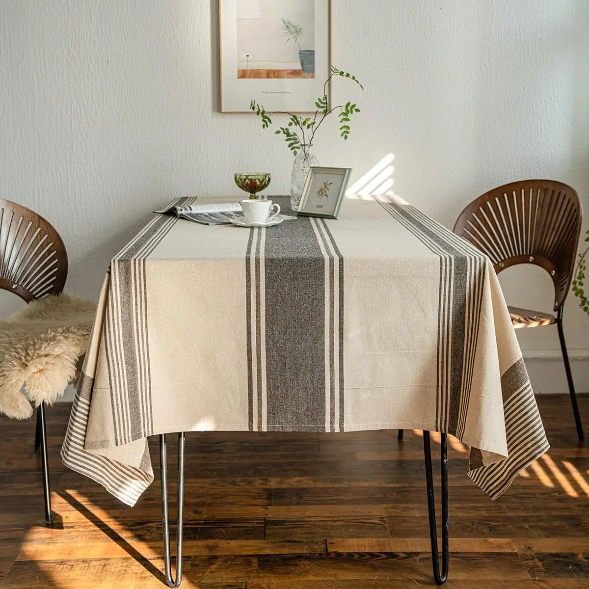 Burlap Cotton Linen Table Clothes Farmhouse Tablecloth Striped Picnic Table Cover Heavy Fabric Brown Rectangle for Coffee Kitchen Decor