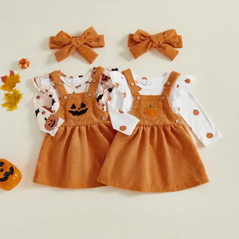 [Lullaby 3-Day Arrival] Baby Girls Halloween Outfit Pumpkin Print Long Sleeves Romper and Suspender Dress Headband Set Cute 3 Piece Clothes