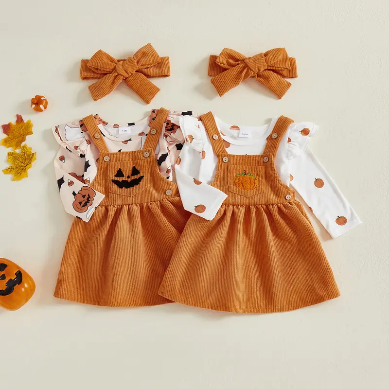 [Lullaby 3-Day Arrival] Baby Girls Halloween Outfit Pumpkin Print Long Sleeves Romper and Suspender Dress Headband Set Cute 3 Piece Clothes
