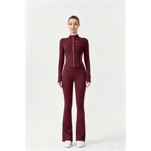 ROROlemon 2-Piece Workout Set, Gold Zipper Cropped Jacket   High Waist Flare Leggings