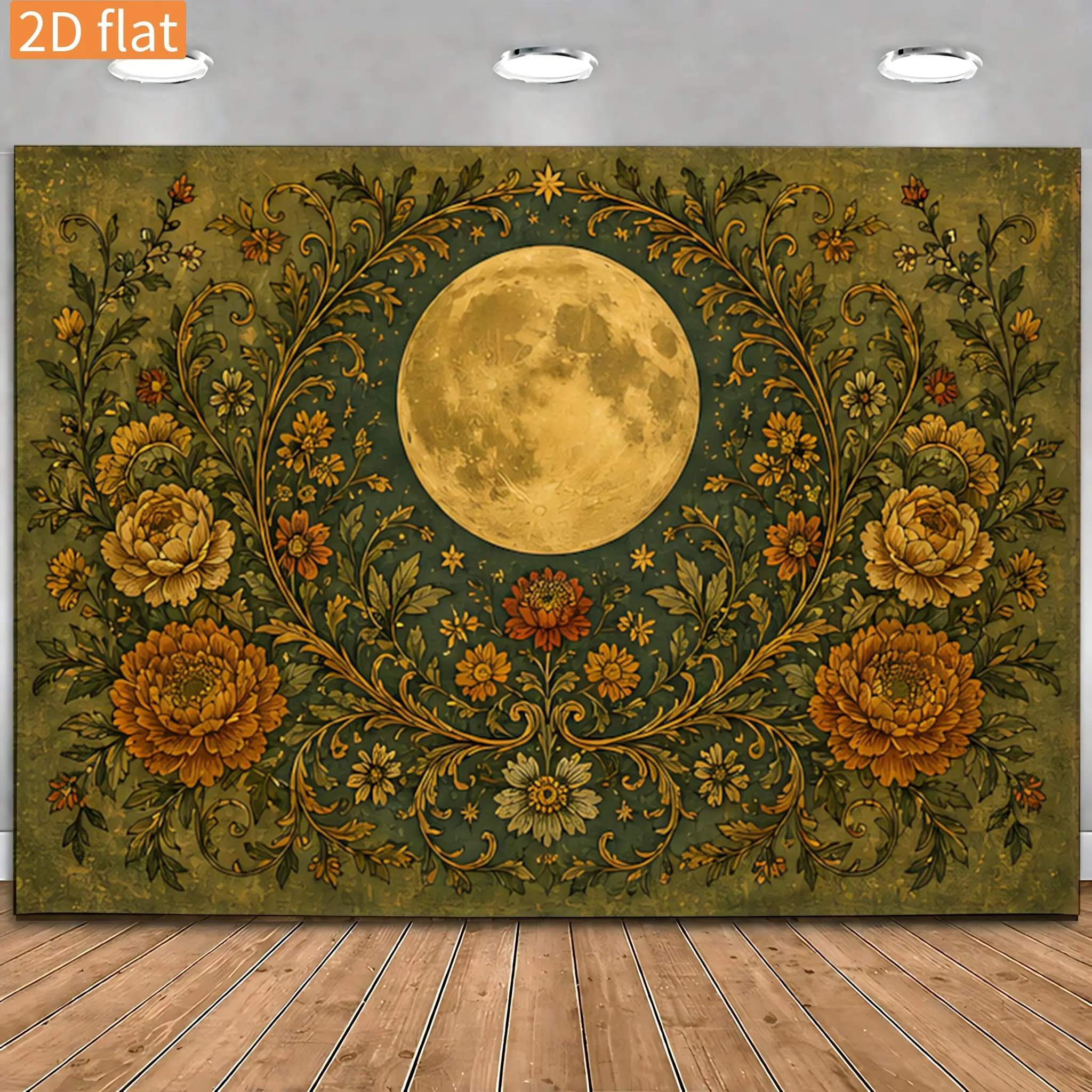2D Flat, 2D Flat - 2D Flat 1pc Banner Golden Full Moon Vintage Floral Vine Wall Tapestry, with Orange And Golden Yellow Flowers, Circular Leaf Vines And Dark Green Background Texture, Creating a Calm Vintage Nature Decor Look, for Bedroom,family,dormitory