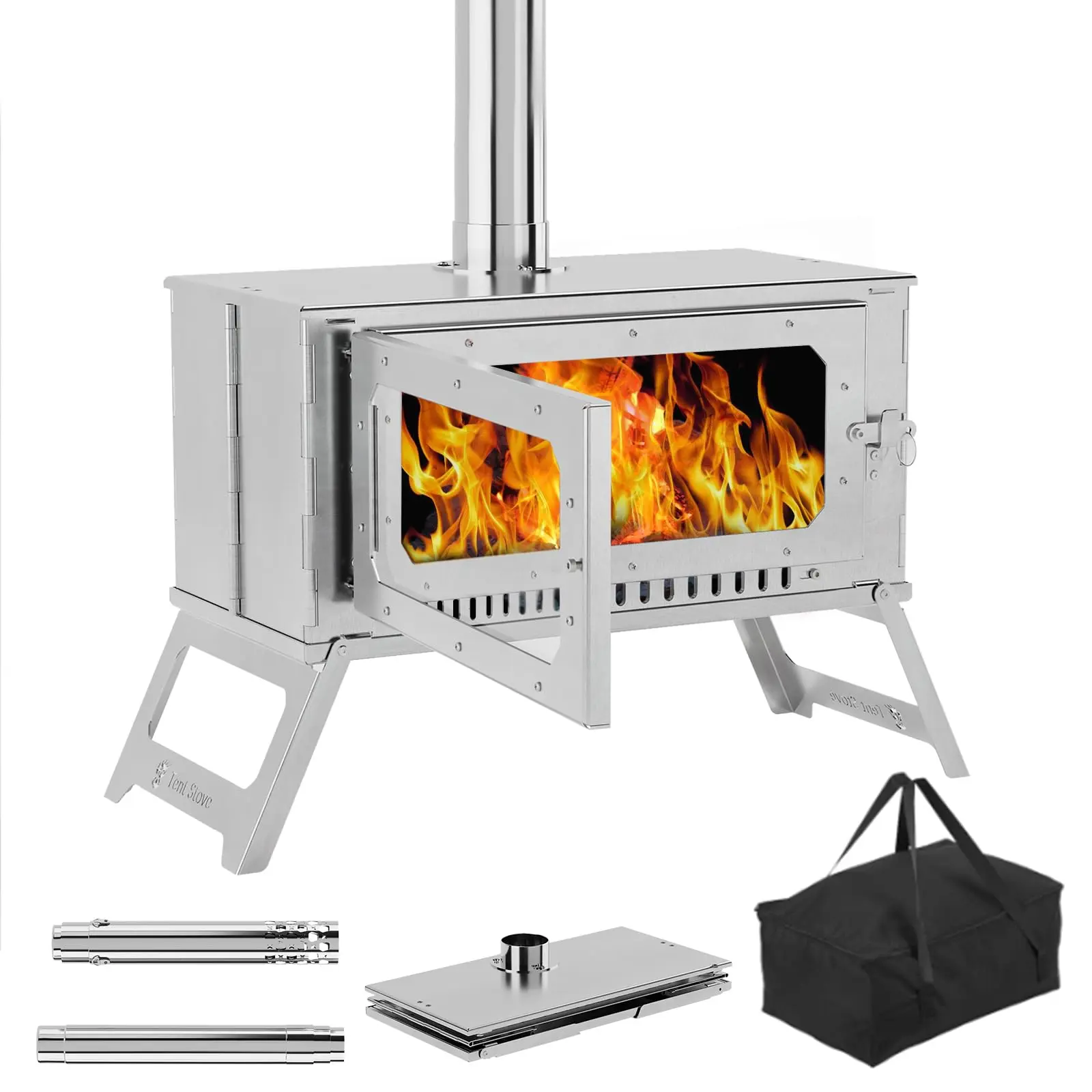 GAOMON Camping Wood Stove - Stainless Steel Wood Burning Stove with Pipes and View Glass, Tent Stove with Carrying Bag, Outdoor Folding Firebox Hot Tent for Cooking, Heating, Barbecue
