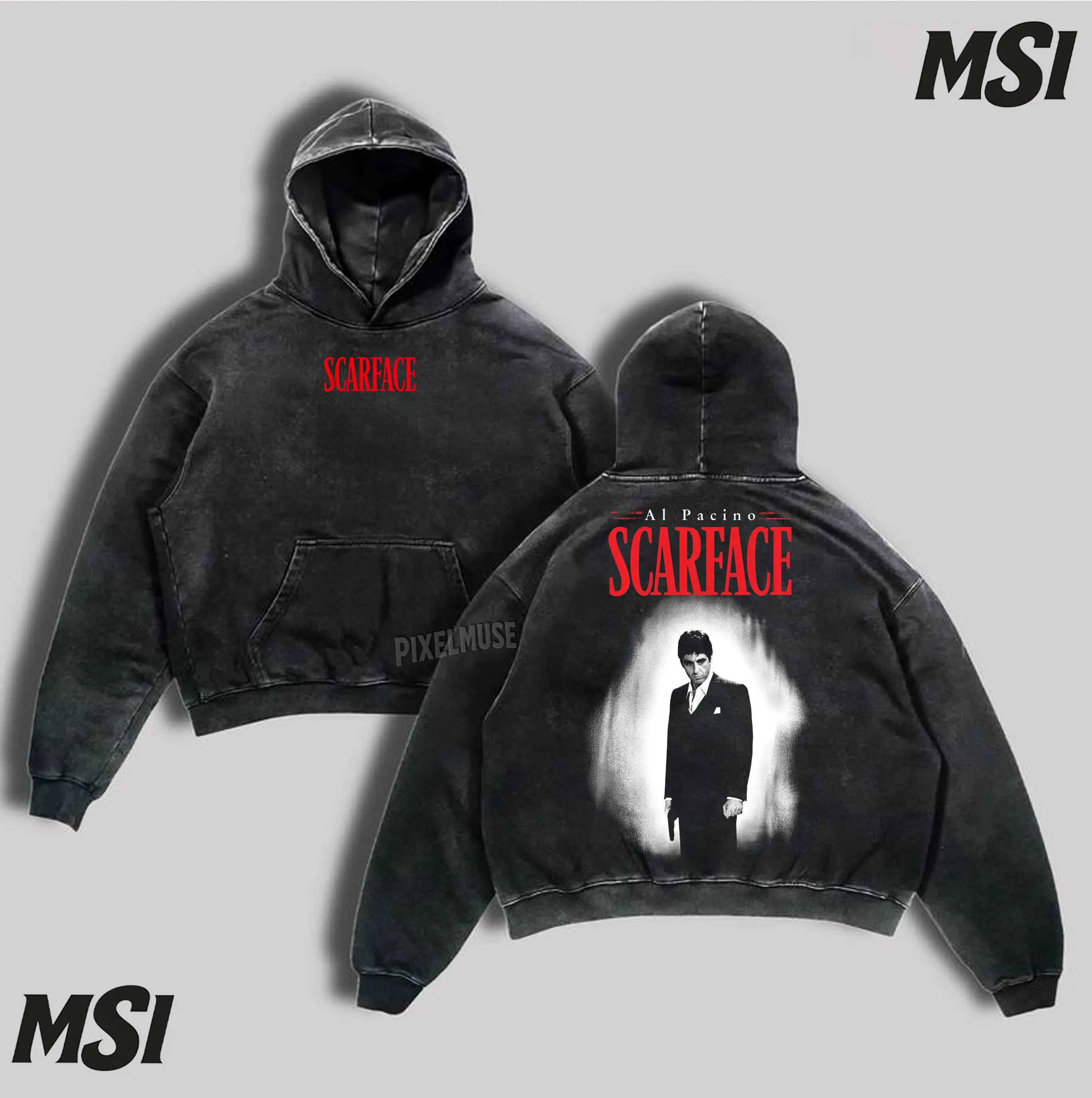 Scarface Al Pacino Stand Alone Hoodie | Red Title Acid Washed Heavyweight Pullover, Vintage Film Icon Bootleg Style, Oversized Mafia Tribute Layer.