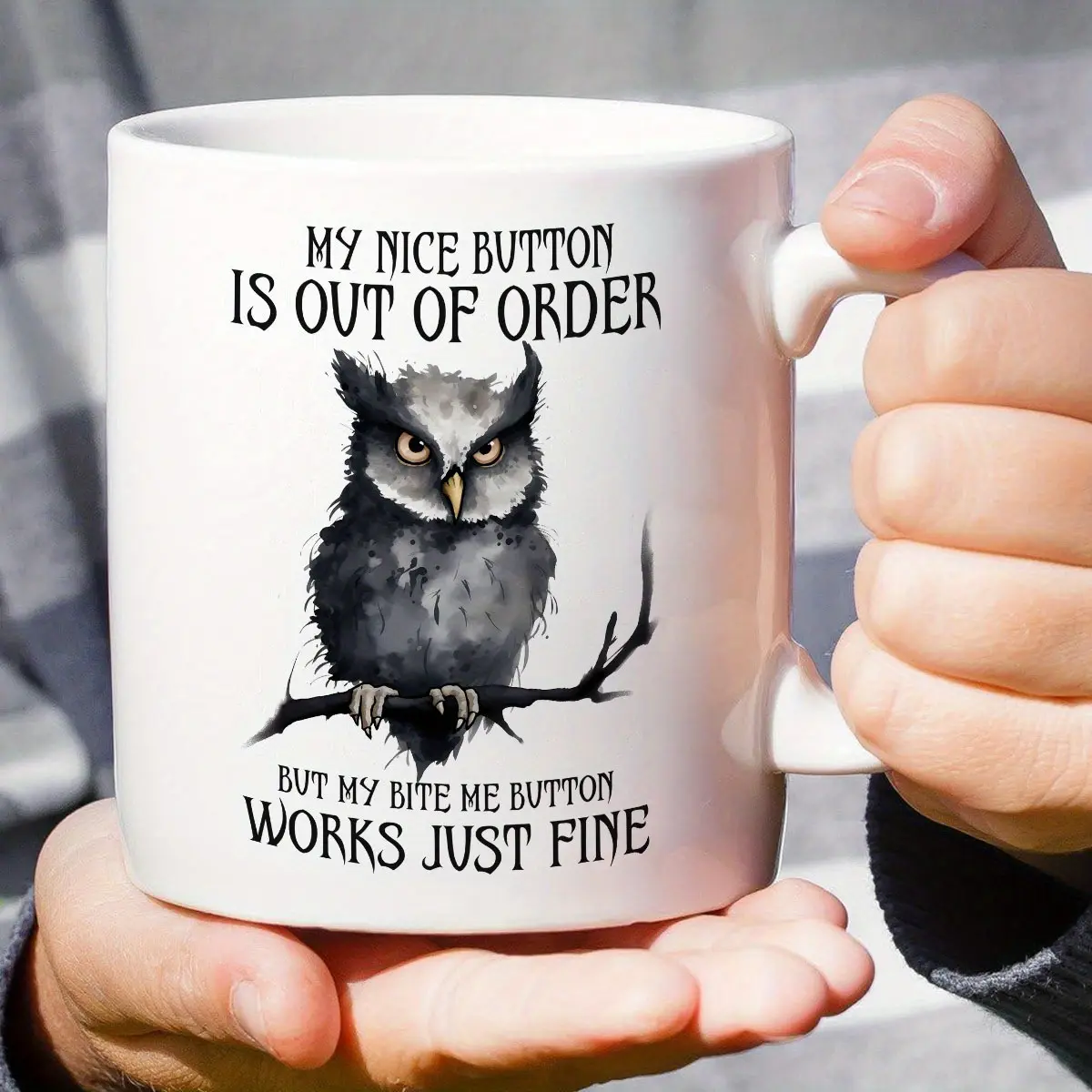 Funny Owl Ceramic Coffee Mug - 11oz Insulated Reusable Cup with "My Nice Button is Out of Order" Humorous Quote, Perfect Gift for Owl Lovers, Machine-Washable for Hot and Cold Beverages, Owl Home Decor