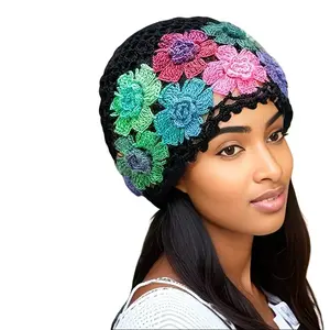A women's multi-color ethnic bohemian crochet hat, new spring/summer style, artistic colorful floral hollow-out headwrap, knitted wool hat, beanie Handcrafted Cap