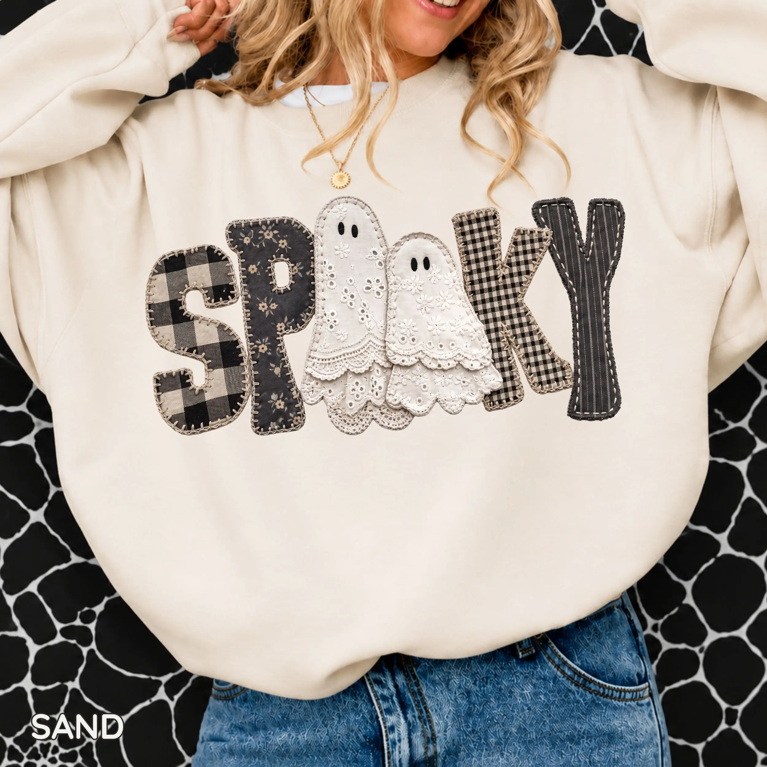 [PRINT] Gildan Patchwork Gingham Spooky Ghost Sweatshirt, Halloween Ghost Graphic Crewneck, Vintage Spooky Season Pullover, Fall Ghost Sweatshirt