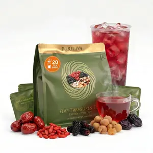 PURELIVA 5 Treasures Kidney Wellness Non-Caffeinated Packaged Ready-to-Mix Herbal Tea with American Ginseng, Goji Berry, Red Dates, Mulberry, Longan, 20 Tea Bags for Energy & Vitality Support, Non-Caffeinated Herbal Tea