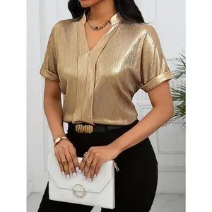 Women’s Golden Metallic Shirt – elegant short-sleeve shirt with a stand-up collar, shiny polyester fabric, suitable for both casual and formal occasions; machine washable with a luxurious look; basic fit, minimalist design with a V-neck.