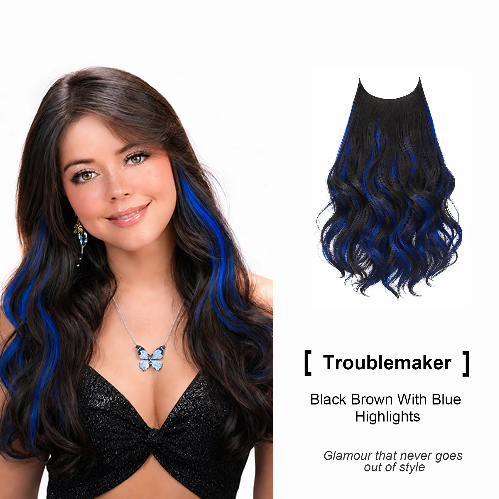[Troublemaker]-Qbeauty Invisible Layered  20inch Clip in Hair Extensions Black Brown With Blue Highlights by Amara