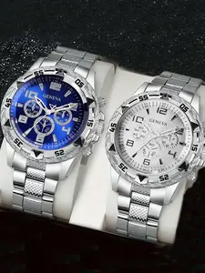 2-piece blue light glass men's business watch with steel strip and quartz watch, multifunctional digital scale three eye watch