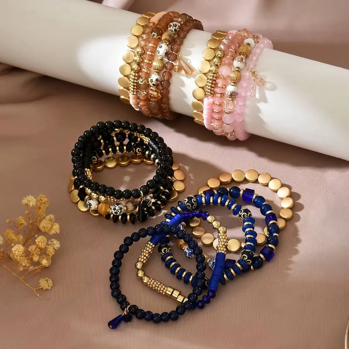 5 Pcs Boho Pink Rose Quartz Stackable Bracelet Set for Women, Multi-Layer Glass Acrylic Elastic Stretch Wristbands, Y2K Bohemian Layered Beaded Jewelry Gift for Daily Beach Party