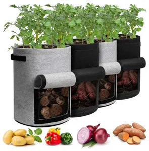 Potato Grow Bags with Flap 10 Gallon, 4 Pack Planter Pot with Handles and Harvest Window for Potato Tomato and Vegetables, Black and Gray