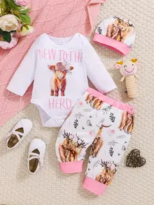 New Arrivals Newborn Boys and Girls Bodysuits Onesies, Infant Toddler Clothes, Highland Cattle Jogging Pants Hats, Cute Fall and Winter Clothing