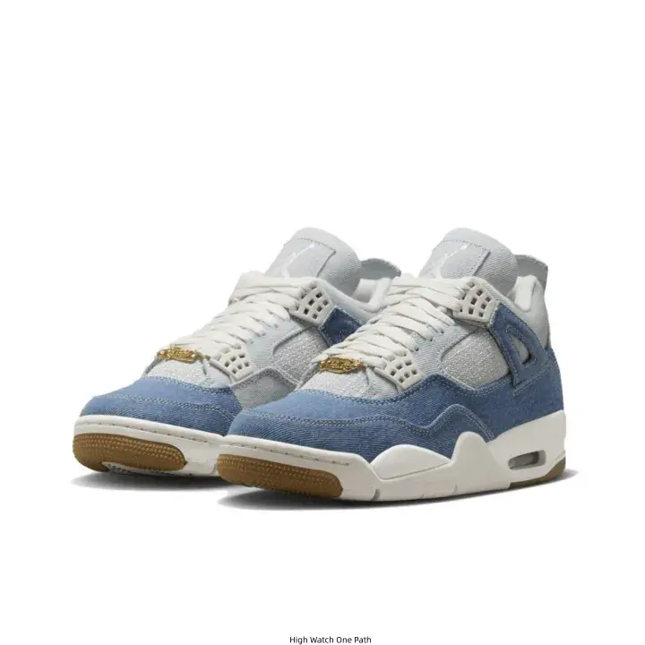 Blue Denim Retro Basketball Sneakers, Light Grey Mesh Panels, Gold‑Tone Metal Eyelets, Off‑White Laces, White Midsole, Gum Rubber Outsole, Air Cushion Unit, Fashion Street‑Style Shoes for Men