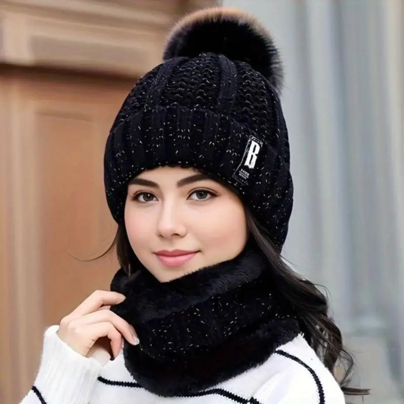 2-Piece Knitted Beanie and Scarf Set, Casual Acrylic Fiber Accessories with a Thick Plush Lining for Cold-Resistant Comfort, Hat + Scarf, Beanies, Daily