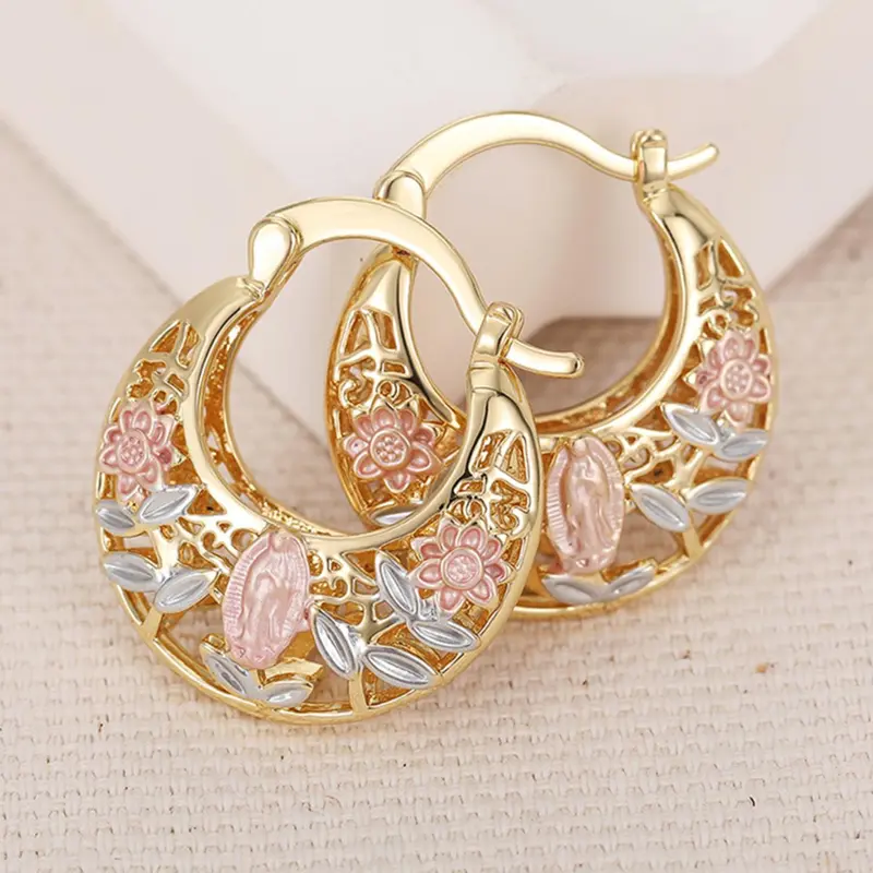 Mexican-style sunflower pattern gold-coloured hollow hoop earrings, hoop shape earrings, elegant party earrings, the perfect anniversary gift for mothers and couples, earrings jewelry