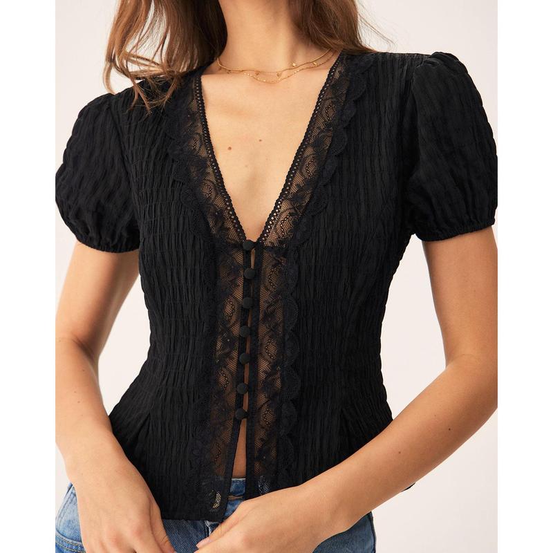 Black Jacquard Lace Button Blouse