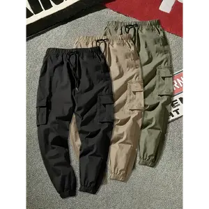 3-Pack Men’s Solid Color Cargo Pants, 100% Polyester, Non-Stretch, All-Season, Regular Fit, Drawstring Waist, Multi-Pocket Flap, Woven Fabric, 180 g/m², for Weekend Casual Wear