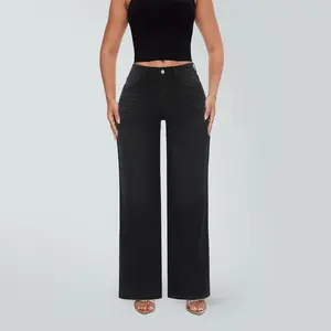 ONESO Stretchy BBL Wide-Leg Jeans for Women | Washed Black Mid-Low Rise Denim | Snatched Waist, Minimalist Everyday Pants