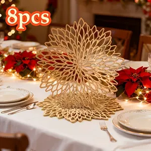 8pcs Elegant Placemats, Luxury Round Table Decor, Durable PP Plastic, Marble Texture, Hollow Leaf Design, Easy Clean