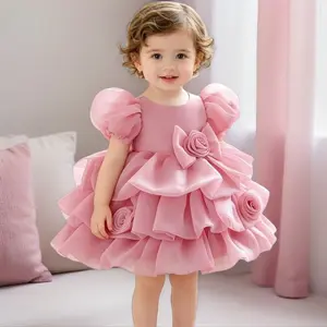 White Baby Girl Clothes 3D Flower Pink Infant Christening Cocktail Bow Puffy Toddler Outfit Baptism Pageant Birthday Party Ball Gown Princess Dress for all Season 6 Months to 3 Years