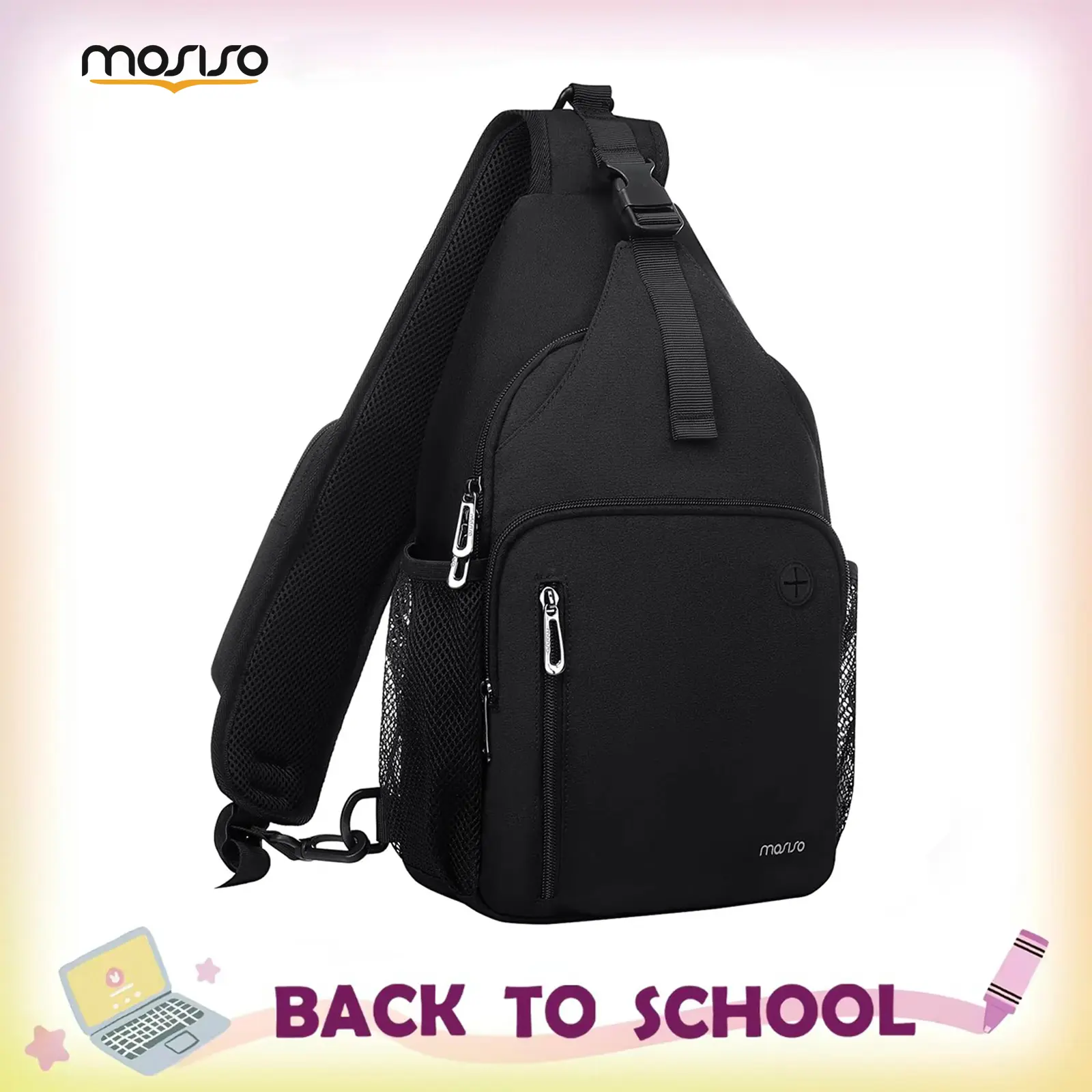 MOSISO Sling Backpack Bag, Crossbody Shoulder Bag for Travel, Hiking, Daypack Chest Bag with Front Square Pocket, USB Charging Port, Water Bottle Mesh Pouch, Ideal for Men & Women