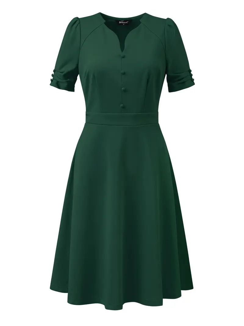 green work dresses for women Berylove Women Green Work Dress A Line V-Neck Semi Formal Dress with Short  Sleeves main image 0