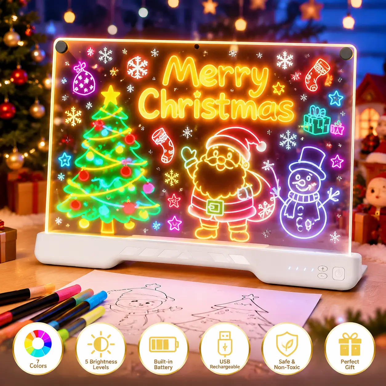 Illuminated Reusable Acrylic Message Board – LED Dry Erasable Whiteboard, perfect for office presentations, featuring neon colors and multiple modes, including markers, adapters, spray bottles, and wipes – a Christmas and Halloween gift for children.