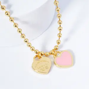 Pink Heart Double Heart Necklace with Gold Plated Chain Elegant Heart-Themed Jewelry for Everyday Wear or Special Gifts