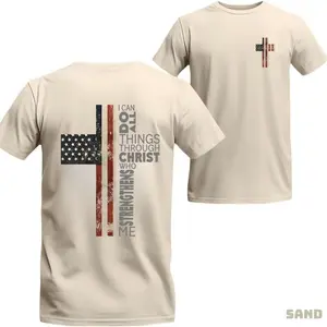 Christian American Flag Cross T-Shirt, Vintage Bible Verse Patriot T-Shirt, Classic Inspirational USA T-Shirt, Retro Sunday Worship Apparel T-Shirt