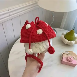 Women's Handmade Crochet Crossbody Bag - Cute Mushroom Purse with Orange & Beige Drawstring Closure Lightweight Fabric Bag for Everyday Halloween Themed Events Whimsical Fairy Tale Bag for Women
