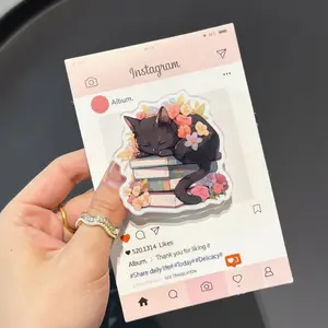 Black Cat Sleeping on Books Phone Grip, Aesthetic Spring Flowers Magsafe Holder for Kindle, Cute Reading Cat eReader Kickstand, Book Lovers Gift