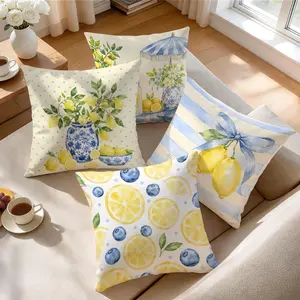 4pcs Blue Lemon Pattern Cushion Covers, Single Side Print, Living Room Bedroom Decor, All Season Use, Home Decoration