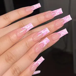 Heart Pattern Fake Nail with Nail File & Jelly Glue, 24pcs/set French Style Press on Nails, Removable Full Cover Artificial Fake Nail for Women & Girls, French Tips Nails