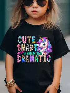Girls' Cotton T-shirt With Colorful Unicorn Pattern Print And Letter Print For Comfortable And Casual Round Neck Short Sleeves