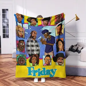Stylish Anime-Themed "Friday" Movie Print Flannel Blanket - Cozy All-Season Digital Print, 250-300gsm Polyester, Vibrant Cartoon Characters Design for Living Room, Bedroom, Sofa, Travel & Camping - Skin-friendly, lightweight and soft