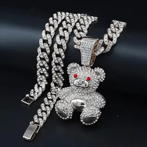 Lovely Bear Doll Large Pendant & 13mm 20" Iced Cuban Cubic Zirconia Chain Hip Hop Necklace Jewelry for Men Women Unisex
