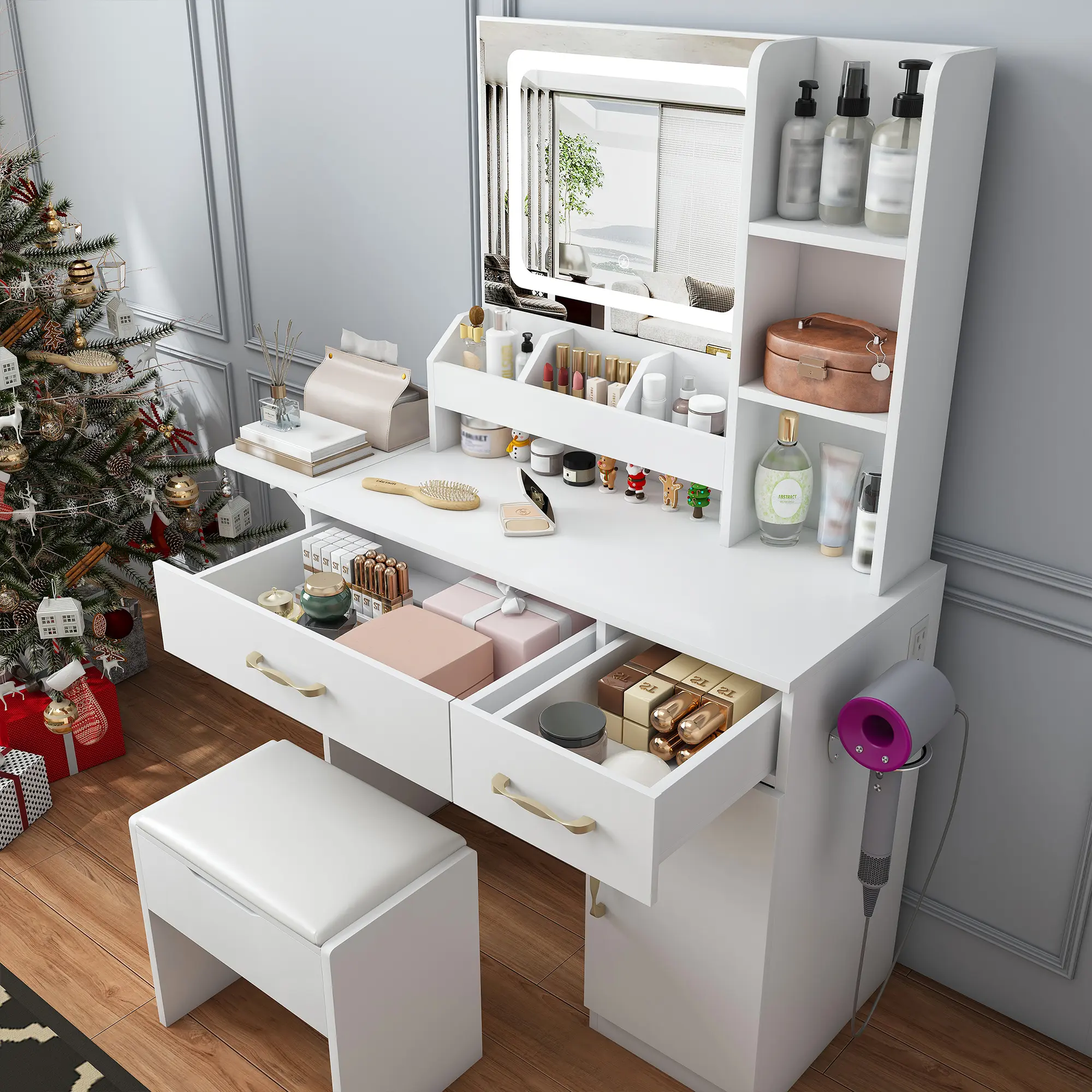 Vanity Desk Dressing Table with LED Mirror Lights and Power Outlet Charging Station, Makeup Dressing Table with 3 Drawers, 7 Shelves and Storage Stool, for Girls and Women (White) - TikTok Shop Vanity Desk Dressing Table with LED Mirror Lights and Power Outlet Charging Station, Makeup Dressing Table with 3 Drawers, 7 Shelves and Storage Stool, for Girls and Women (White) - TikTok Shop