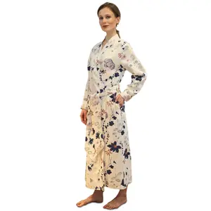 Women’s Long Linen Robe | Daniella in White Floral European V-Neck Lounge Robe